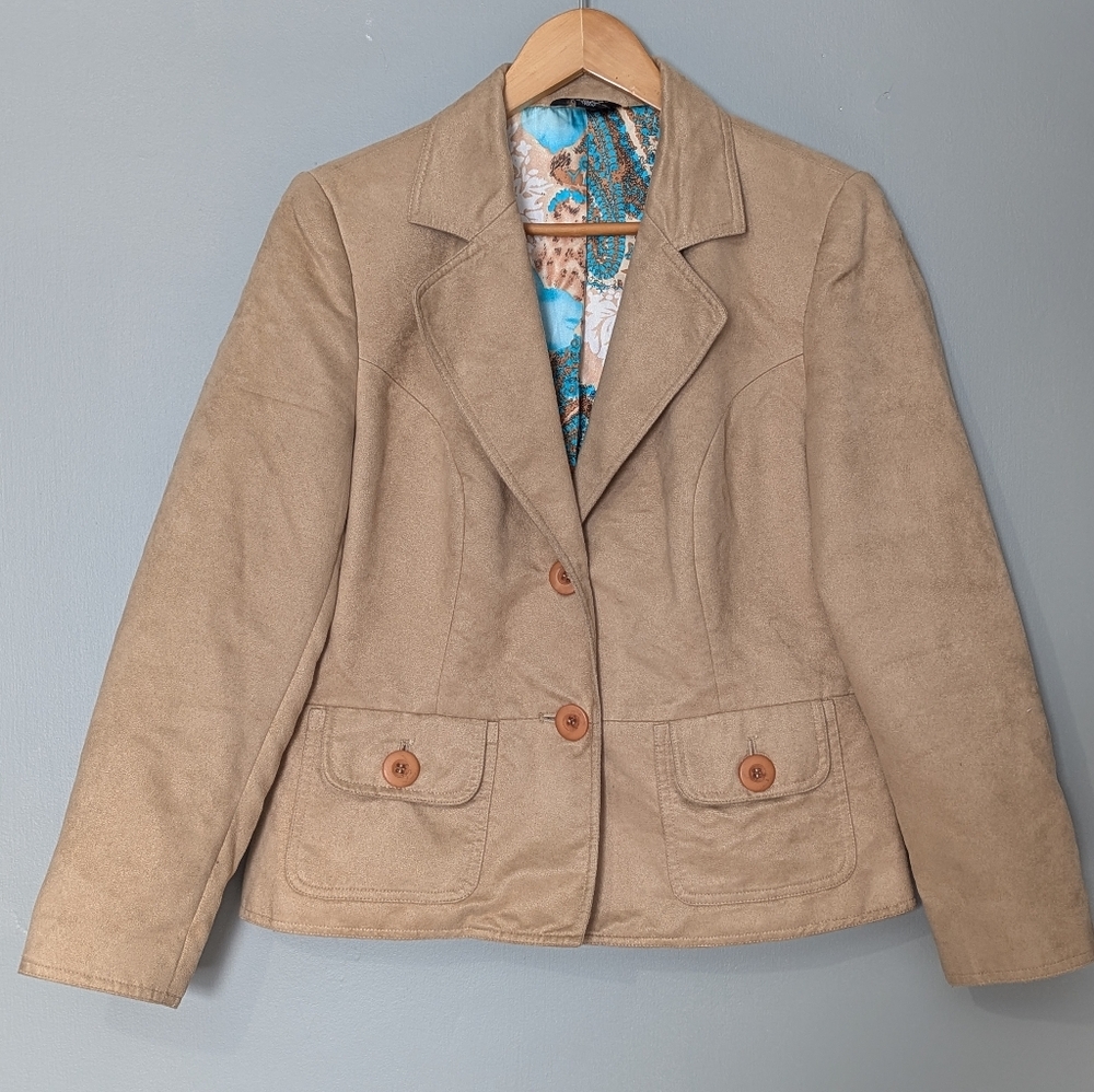 Index Petite Tan Faux Suede‎ Women's Blazer Fitted Casual Retro